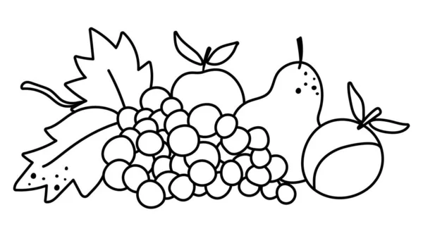 ベクトル黒と白の果実配置 リンゴ ブドウとかわいいアウトライン水平セット 秋の庭の組成物は裂ける 白い背景に隔離された秋の収穫ラインのアイコン — ストックベクタ