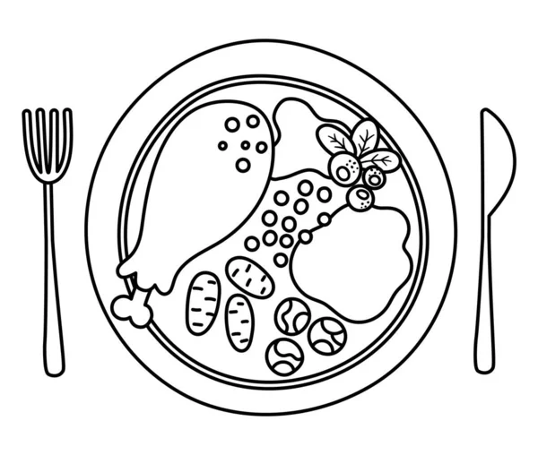 Vector Black White Plate Traditional Thanksgiving Meal Fork Knife Outline — Stock Vector