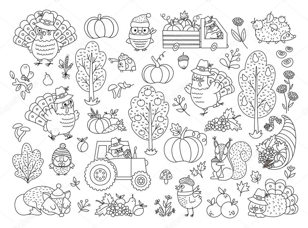 Vector black and white Thanksgiving elements set. Autumn line icons collection with turkey, animals, harvest, cornucopia, pumpkins, trees. Fall holiday outline pack with car, tractor, frui