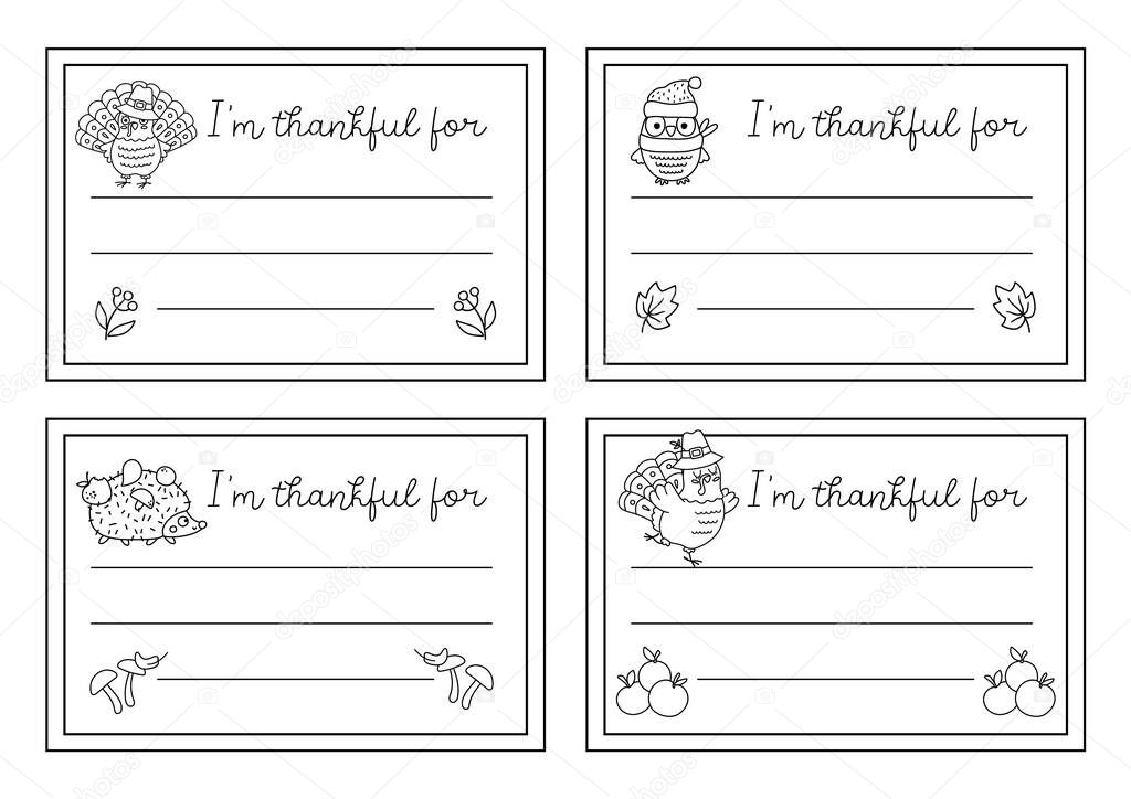 Vector black and white Thanksgiving cards set. Im thankful for horizontal line templates collection with cute turkey, pumpkin, owl, hedgehog. Autumn outline holiday frame designs for kids