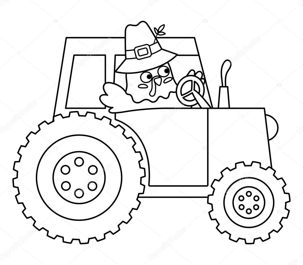 Vector black and white Thanksgiving turkey in pilgrim hat. Autumn bird line icon. Outline fall holiday animal driving tractor isolated on white background. Harvest gathering concep
