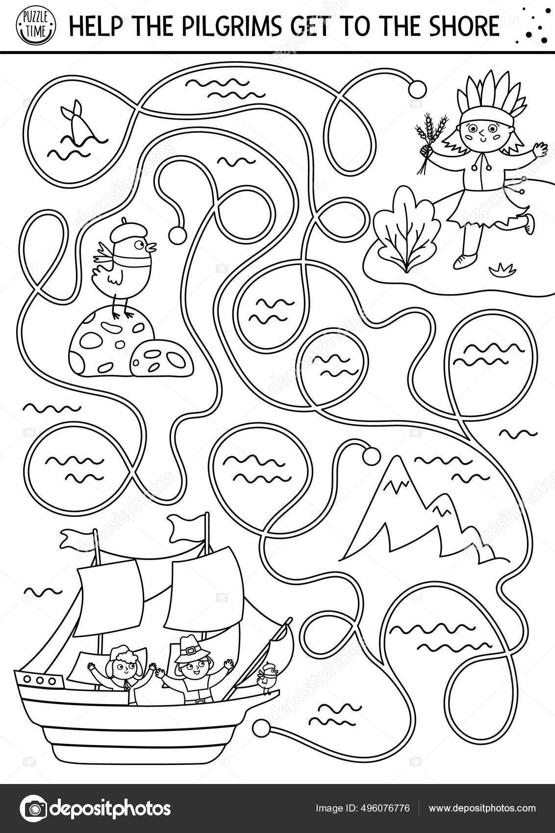 추수감사절 아이들에게 날입니다 유아원 활동을 메이플라워호를 항해하는 최초의 미국인들 게임이나 스톡 벡터 - ©LexiClaus  496076776, image size:1132x1700