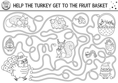 Çocuklar için Şükran Günü siyah-beyaz labirenti. Sonbahar tatili okul öncesi baskı etkinliği. Labirent oyununun ana hatlarını belirle ya da sevimli kuşlarla, elmalarla, hayvanlarla bulmaca çiz. Hindinin tadını çıkarmasına yardım et.