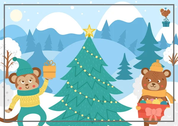Vektor Téli Erdő Háttér Aranyos Állatok Fenyő Vicces Erdei Karácsonyi — Stock Vector