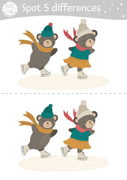 为孩子们找出不同的游戏 通过滑稽的滑冰熊进行冬季教育活动 可打印的工作表 孩子们的圣诞假期难题 新年幼稚园 — 图库矢量图片