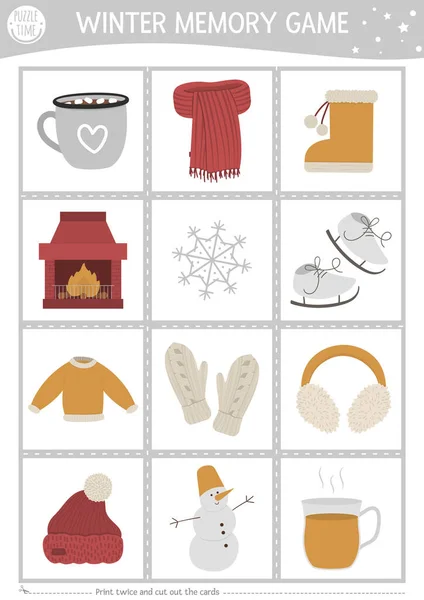 冬季记忆游戏卡上有可爱的季节物品 活动与雪人 烟囱匹配 记住并找到正确的图片卡片 圣诞节儿童可打印工作表 — 图库矢量图片