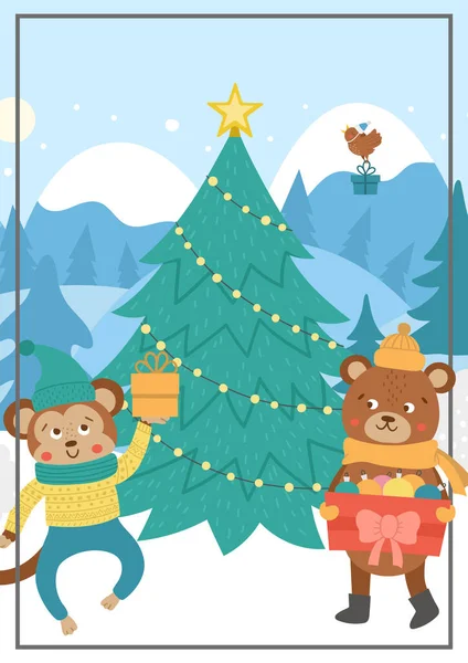 Vektor Téli Erdő Háttér Aranyos Állatok Fenyő Vicces Erdei Karácsonyi — Stock Vector