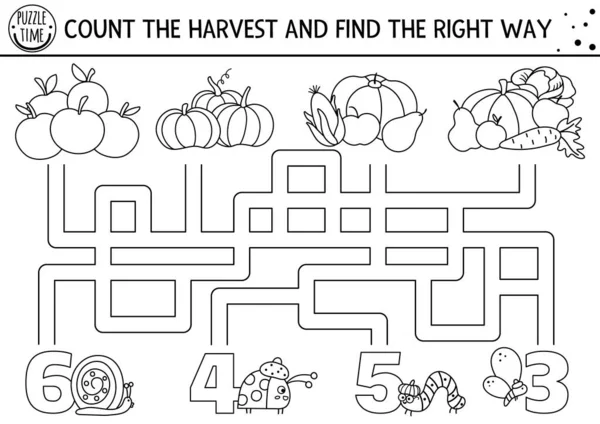 感恩节黑色和白色迷宫的孩子 秋季假日线可打印计数活动 秋天迷宫游戏或彩色页与可爱的蔬菜 计数收获 并找到瓦 — 图库矢量图片