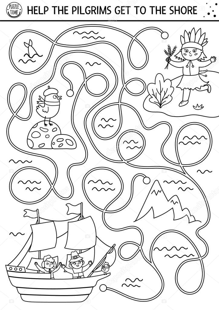 Thanksgiving Day black and white maze for children. Autumn line holiday preschool printable activity. Fall outline labyrinth game or puzzle with first Americans sailing on Mayflower