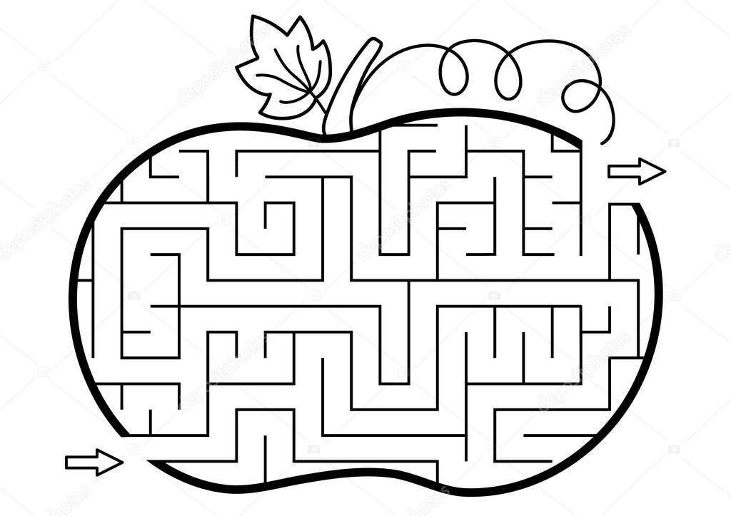 Thanksgiving black and white maze for children. Autumn or Halloween holiday line printable activity. Fall geometric outline labyrinth game or puzzle shaped like pumpkin. Harvest themed page for kid