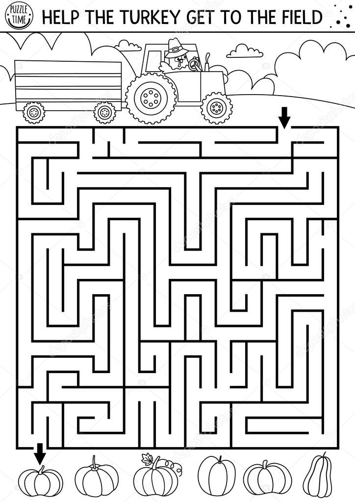 Thanksgiving Day black and white maze for children. Autumn holiday line printable activity. Fall outline labyrinth game or puzzle with cute bird driving a tractor. Help turkey get to the fiel