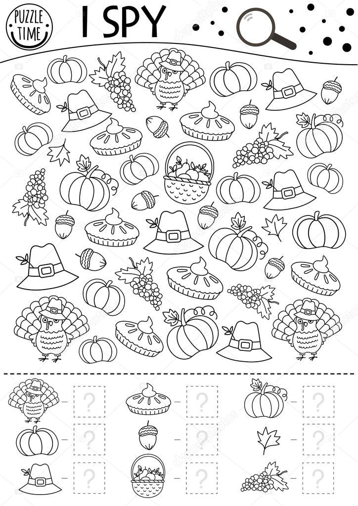 Thanksgiving black and white I spy game for kids. Searching and counting activity or coloring page with turkey, pumpkin. Funny autumn printable worksheet for kids. Simple fall line puzzle