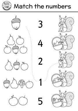 Siyah-beyaz oyunu sincap ve meyve sepetiyle eşleştir. Sonbahar çiftliği ya da sevimli hayvanlarla orman matematik aktivitesi. Çocuk için eğitici basılabilir sayım çalışma tablosu