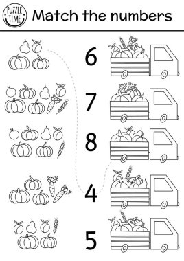 Siyah beyaz oyunu minibüs ve hasatla eşleştir. Güzel sebzeler ve meyvelerle sonbahar çiftliği matematik aktivitesi. Çocuk için eğitici yazdırılabilir çalışma tablosu veya boyama sayfası