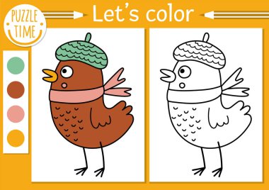 Şapkalı ve atkılı çocuklar için orman boyama sayfası. Şirin bir hayvanla sonbahar tasviri. Renkli örnekleri olan çocuklar için Woodland renk kitabı. Çizim becerileri yazdırılabilir çalışma grubu