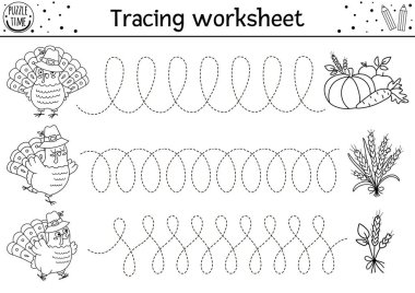 Vektör Şükran Günü el yazısı alıştırması. Okul öncesi çocuklar için sonbaharda basılabilir siyah-beyaz aktiviteler. Sevimli hindiler ve harçlarla yazma becerileri için sonbahar izleme oyunu