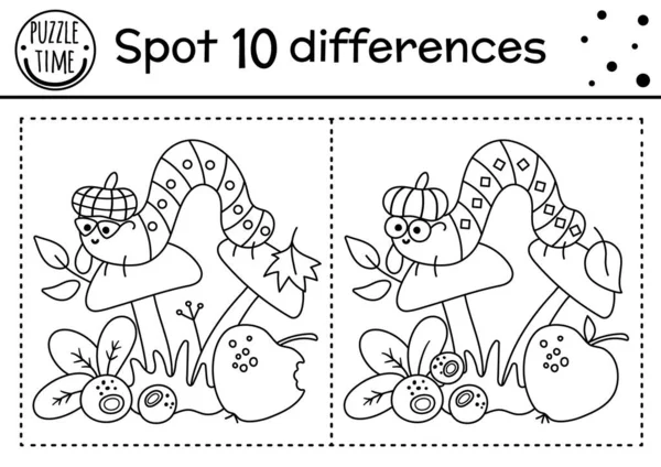 为孩子们找出不同的线游戏 黑白相间的秋天森林活动 有毛虫和蘑菇 带有可爱昆虫的可打印工作表 森林之谜秋季学前教育I — 图库矢量图片