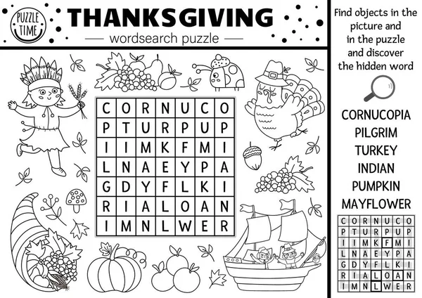 对孩子们来说 感恩节是一个黑白字谜的节日 简单线条秋季营纵横字谜与传统的符号 用火鸡 朝圣者 美国人给关键词活动配色 — 图库矢量图片