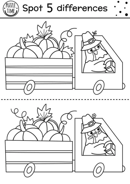 为孩子们找出不同的线游戏 感恩节彩绘活动与有趣的火鸡驾驶一辆面包车与南瓜 秋季可打印工作表 秋天给孩子们的黑白假日拼图 — 图库矢量图片