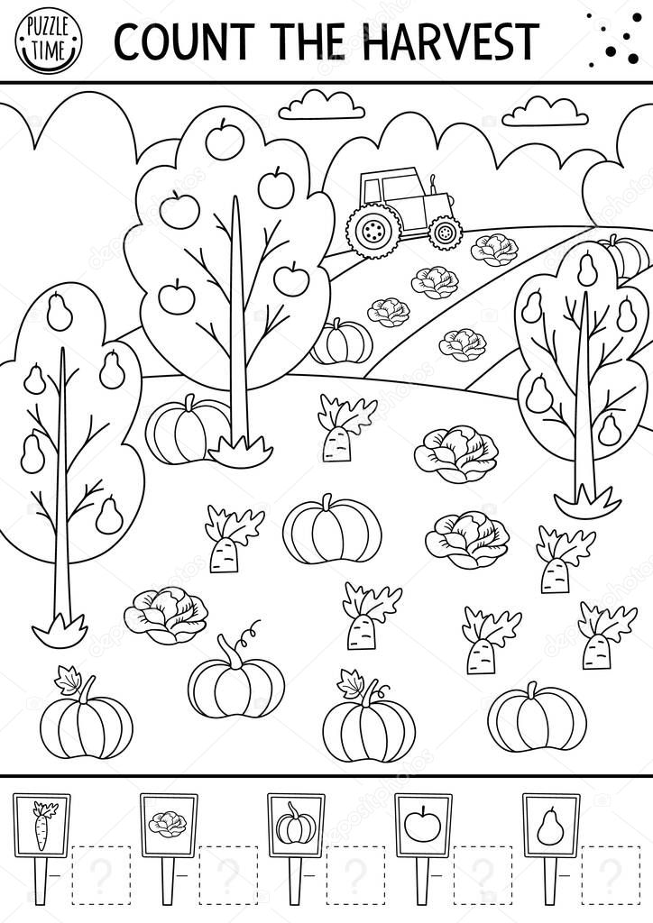 Autumn black and white counting game with harvest in the garden or field. Fall or Thanksgiving line math activity. Simple printable farm themed worksheet. Educational coloring puzzle for kids.