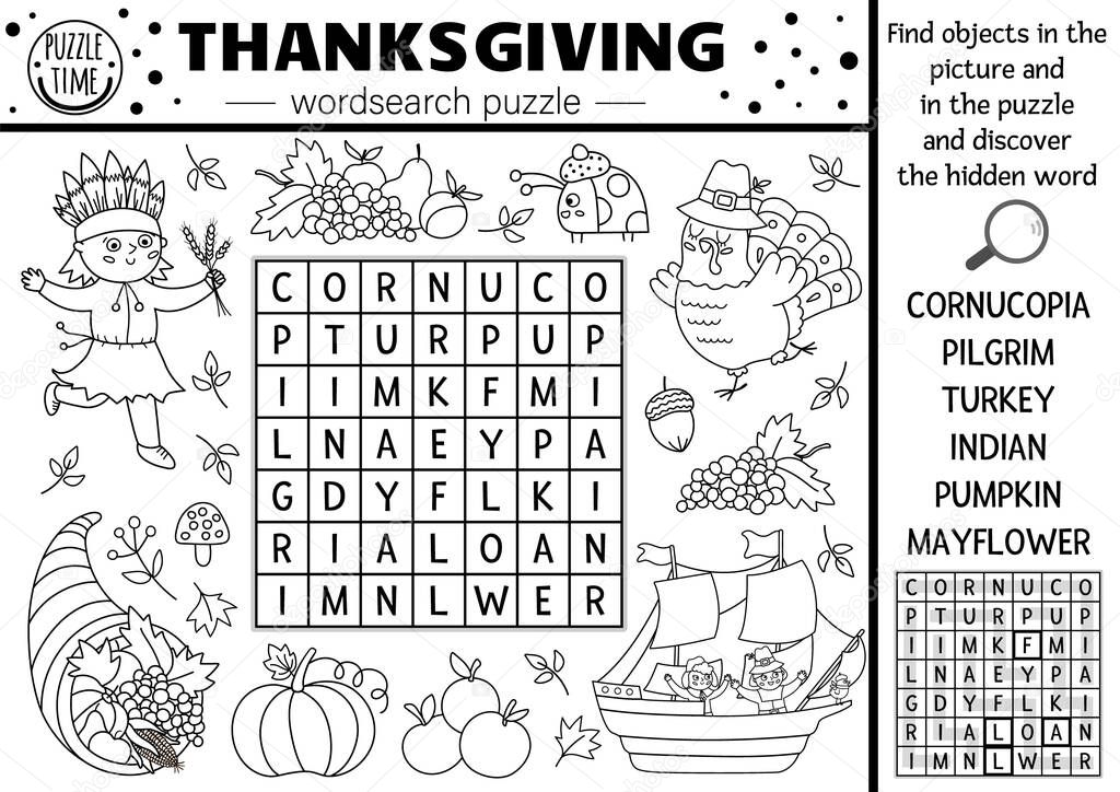 Vector Thanksgiving black and white wordsearch puzzle for kids. Simple line autumn camp crossword with traditional symbols. Coloring keyword activity with turkey, pilgrim, pumpkin, American