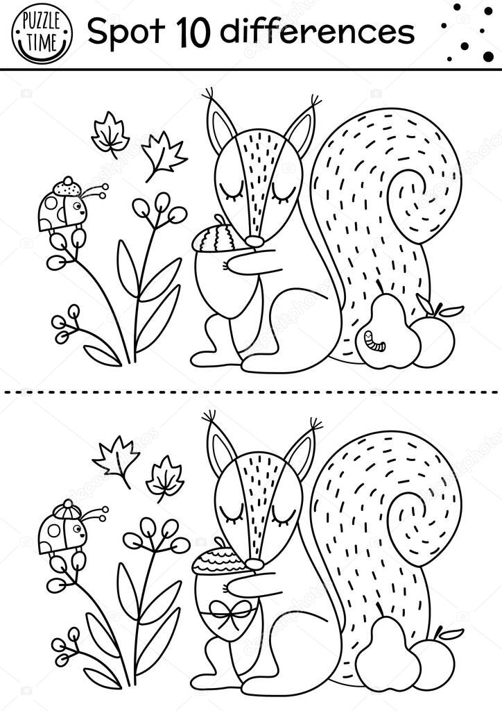 Find differences line game for kids. Black and white Autumn forest educational activity with squirrel and acorn. Printable worksheet with cute animal. Woodland puzzle. Fall preschool coloring pag