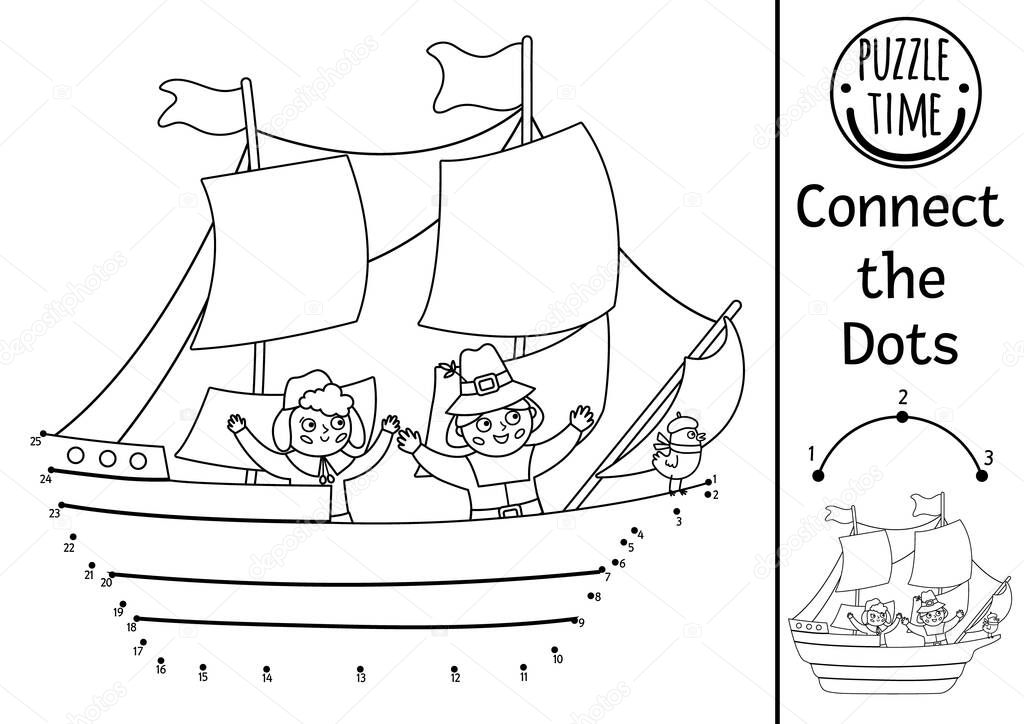 Vector dot-to-dot and color activity with Mayflower ship and pilgrims. Thanksgiving historical connect the dots game or coloring page for kids. Autumn holiday printable worksheet. Fall qui