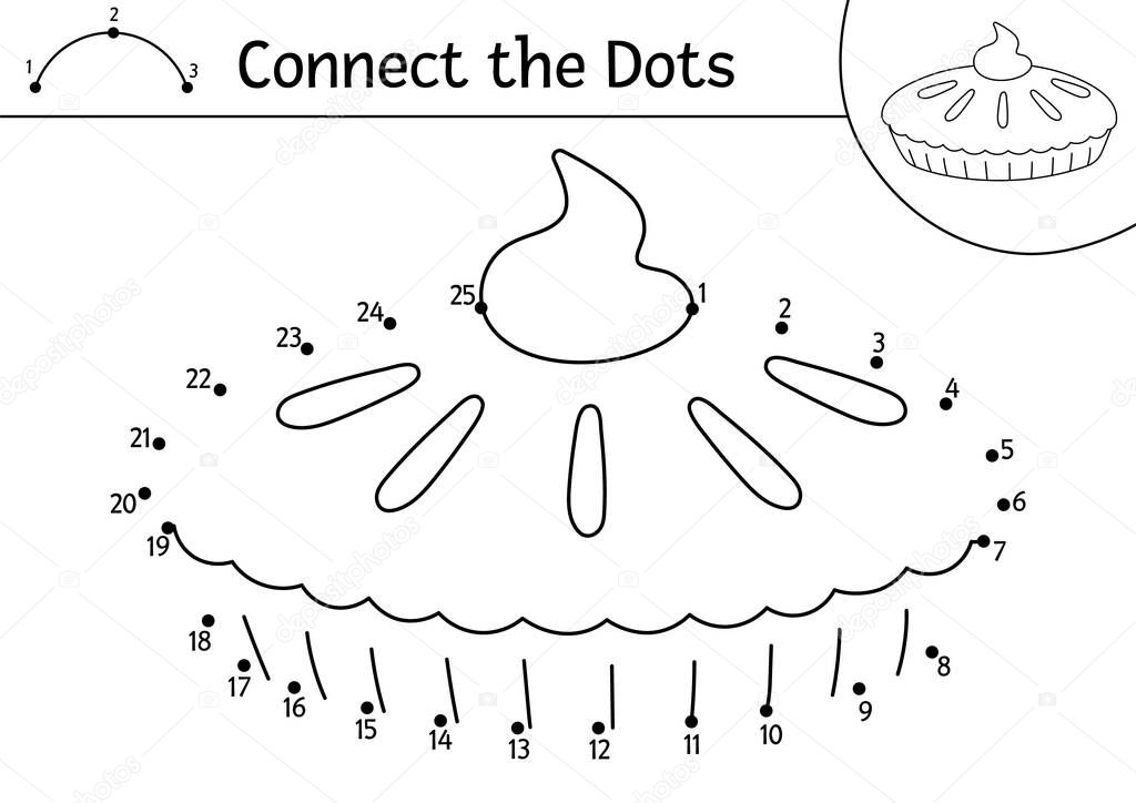 Vector dot-to-dot and color activity with pumpkin pie. Thanksgiving connect the dots game for children with traditional food. Coloring page for kids. Autumn holiday printable workshee
