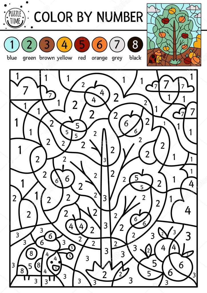 Vector garden color by number activity with apple tree and ladybug in the field. Autumn holiday counting game with cute ladybird and harvest. Funny fall or farm coloring page for kids.