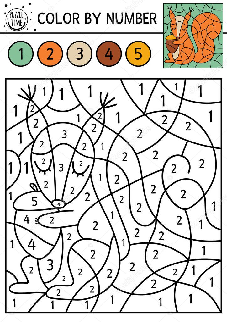 Vector forest color by number activity with squirrel and acorn. Autumn woodland counting game with cute animal. Funny fall or farm coloring page for kids.