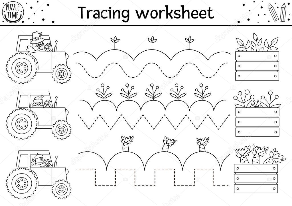Vector Thanksgiving handwriting practice worksheet. Autumn printable black and white activity for preschool kids. Fall tracing game for writing skills with cute turkey and birds on tractor, harves