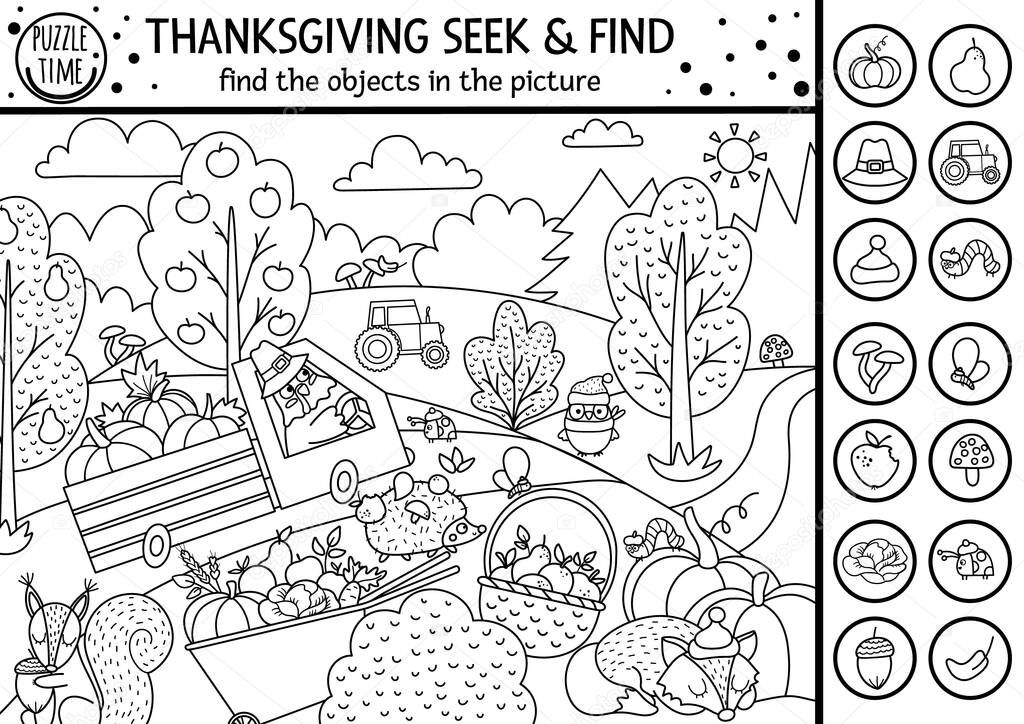 Vector black and white Thanksgiving searching game or coloring page with cute turkey in the field. Spot hidden objects. Simple seek and find s outline autumn or farm printable activity