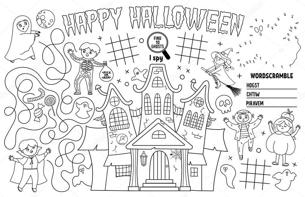 Vector Halloween placemat for kids. Fall holiday printable activity mat with maze, tic tac toe charts, connect the dots, find difference. Black and white autumn play mat or coloring pag