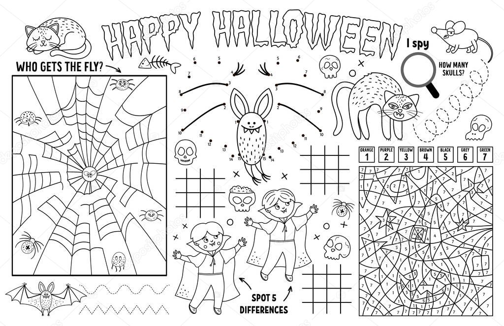 Vector Halloween placemat for kids. Fall holiday printable activity mat with maze, tic tac toe charts, connect the dots, find difference. Black and white autumn play mat or coloring pag