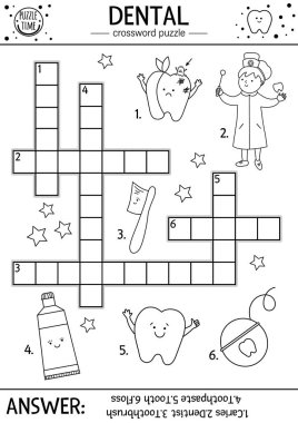 Siyah beyaz vektör diş bakımı bulmacası. Ağız hijyeni anahatları sınavı ya da çocuklar için boyama sayfası. Tatlı dişçi, diş fırçası, diş fırçası ve diş geçmişi ile eğitici tıbbi aktivite