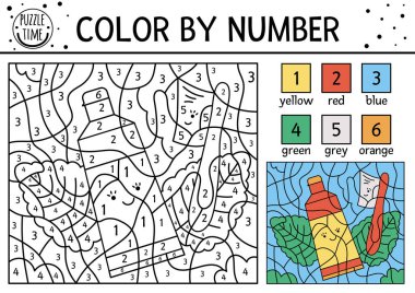 Kawaii diş fırçası ve diş macunuyla yapılan numaralara göre vektör diş bakımı rengi. Diş fırçası, diş macunu ve nane yapraklarıyla ağız hijyeni sayma oyunu. Çocuklar için komik boyama sayfası.