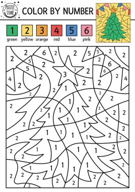 Yılbaşı rengini köknar ağacı, yıldız ve renkli bayraklarla numaralandırarak belirle. Kış tatili sayma oyunu. Çocuklar için komik yeni yıl boyama sayfası.