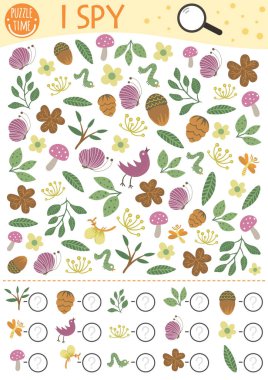 Çocuklar için casusluk yaptığım doğa. Böcekli, bitkili, çiçekli anaokulu çocukları için araştırma ve sayma faaliyetleri. Çocuklar için komik orman baskısı çalışma tablosu. Basit bir orman bulmacası