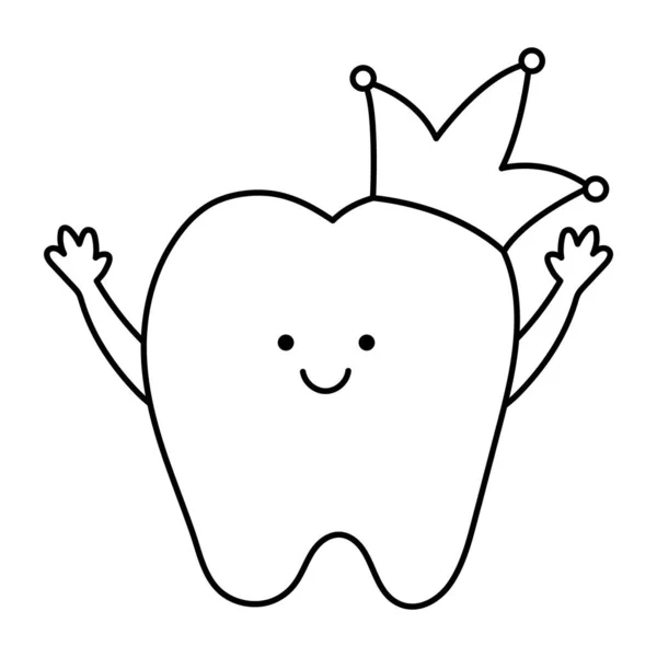 Black White Kawaii Tooth Crown Hands Vector Teeth Line Icon — Stock Vector