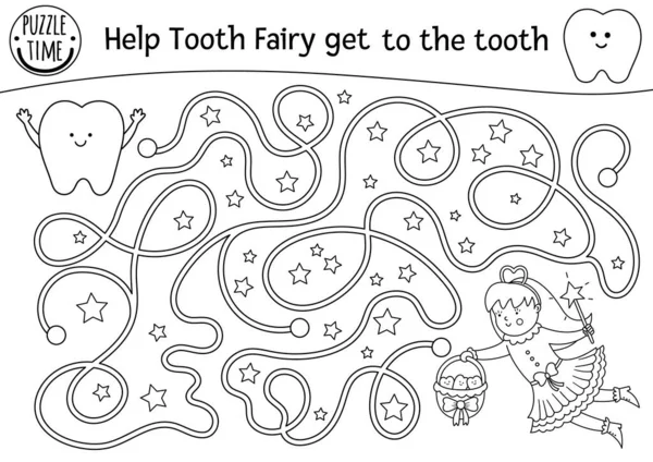 Labyrinthe Dentaire Noir Blanc Pour Les Enfants Ligne Préscolaire Dentiste — Image vectorielle