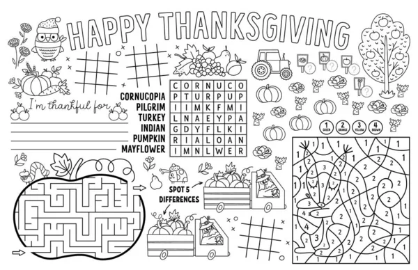 Vector Thanksgiving Placemat Kids Fall Holiday Printable Activity Mat Maze — Stock Vector