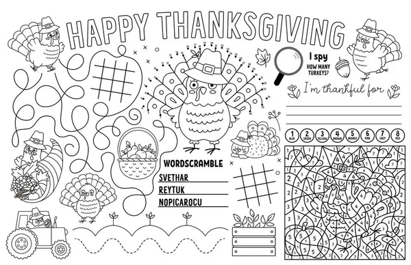 Vector Thanksgiving Placemat Kids Fall Holiday Printable Activity Mat Maze — Stock Vector