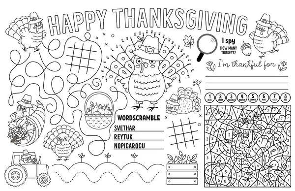 Векторное Место День Благодарения Детей Осенний Праздничный Коврик Активности Лабиринтом — стоковый вектор