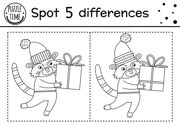 圣诞节为孩子们寻找差异和彩色游戏 冬季教育活动与有趣的浣熊和礼物 给孩子们的可打印的工作表 用动物和礼品盒装饰新年彩页 — 图库矢量图片