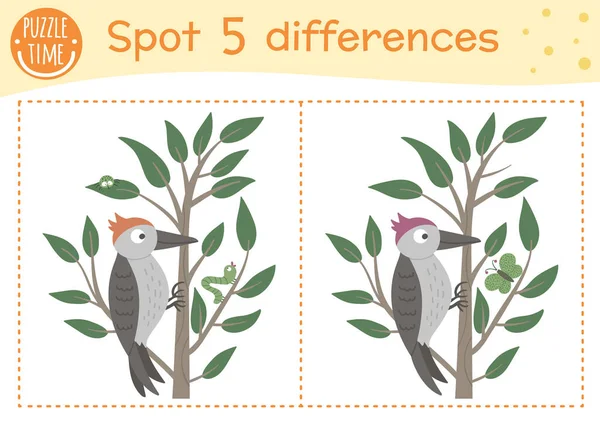 森林为孩子们寻找不同的游戏 有小鸟坐在树上的幼稚园活动 用啄木鸟和昆虫的谜语林地可打印工作表 野性主题关注技巧 — 图库矢量图片