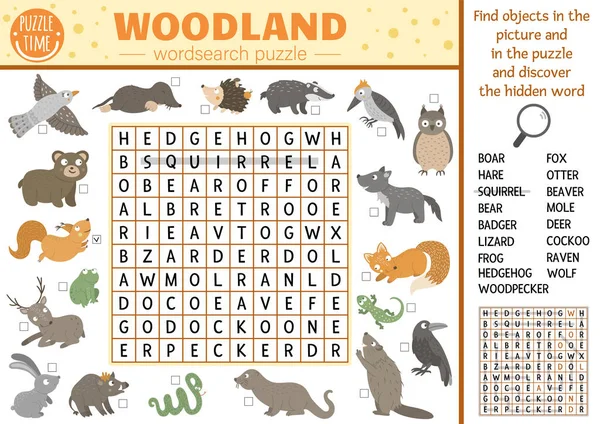 Vektor Erdő Állatok Madarak Wordsearch Puzzle Gyerekeknek Egyszerű Erdei Keresztrejtvény — Stock Vector