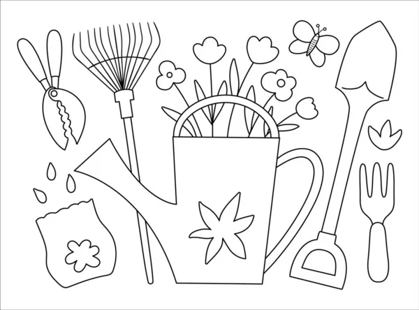 Çiçekler ve bitkilerle dolu renkli bahçe aletlerinin siyah-beyaz temsili. Ana hatlarıyla bahar filmi. Çiçeklerle, tırmıklarla, tohumlarla, kelebeklerle dolu çizgi sulama kutusu. Bahçe temalı konsept