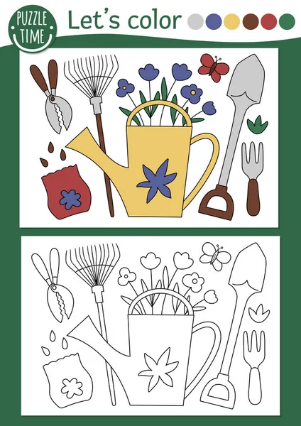 花园彩绘页 儿童与浇灌罐和园艺工具 矢量春季轮廓图解 彩色图片集适用于有彩色图片的儿童 可打印的绘图技能工作表 — 图库矢量图片