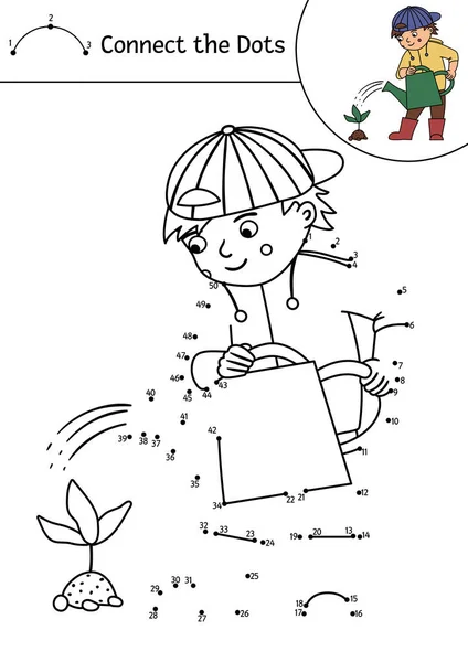 病媒点对点和彩色活动与可爱男孩浇灌婴儿植物 春天或夏天把小孩子玩的点游戏连在一起 为儿童而设的花园主题可列印工作表或彩色网页 — 图库矢量图片