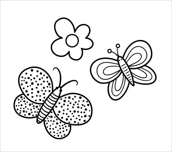 Διάνυσμα Ασπρόμαυρες Πεταλούδες Και Απεικόνιση Λουλουδιών Χαριτωμένο Εικονίδιο Άνοιξη Καλοκαίρι — Διανυσματικό Αρχείο